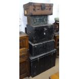 2 Antique steel-bound pine trunks, 2 Vintage metal trunks, and a suitcase (5)