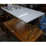 A white marble-top coffee table with inset games board, on brass curule base, in the Hollywood