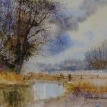 Terry Harrison, watercolour, river view, framed