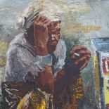 Oil on canvas board, Oriental street vendor, indistinctly signed, 24" x 19", framed