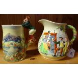 Royal Winton jug with figure handle, 7.5", and a Crown Devon musical jug