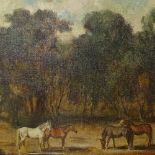 Oil on canvas, horses by a watering hole, and oil on canvas, panoramic view, framed