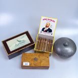 King Edward cigars in box, a cards box, and a burrwood box for restoration