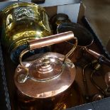 A Victorian copper pan, a kettle, a brass pot etc