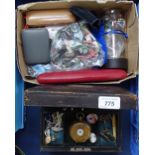 A Victorian leather jewel box, and quantity of costume jewellery, pocket watch, engraved silver