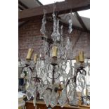Vintage 6-branch chandelier with large lustre drops, height 28" approx