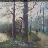 E Rone, a pair of Antique oil on boards, figures on country paths, in ornate gilt-gesso frames