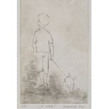 Marina Kim, etching, a walk, signed in pencil, no. 8/50, plate size 9" x 4.5", framed