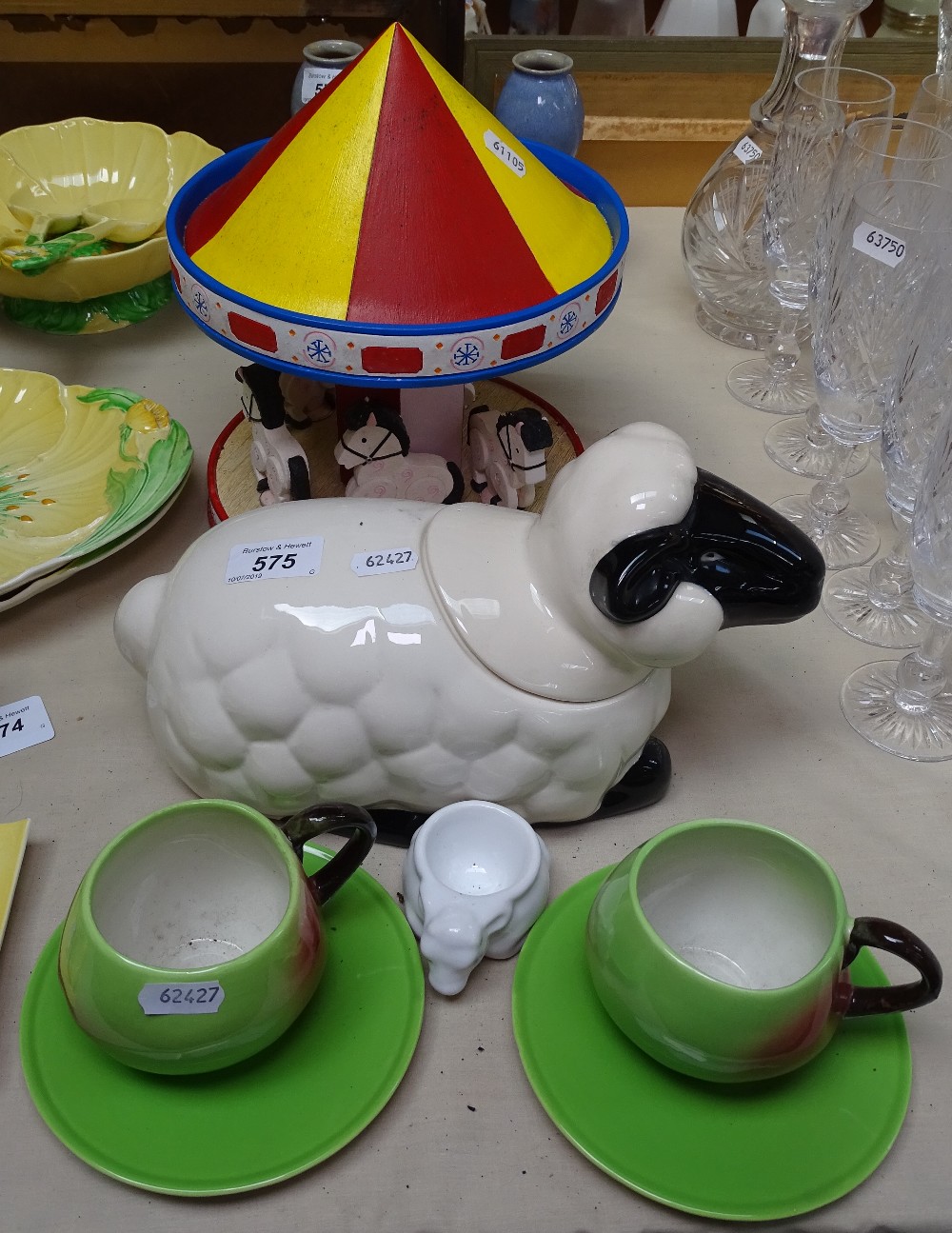 Carlton Ware sheep, apple cups and saucers and a Magic Roundabout etc (7)