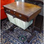 A Victorian walnut sewing table, with single drawer, and sliding basket under, raised on carved