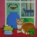 Molly McCann, oil on board, cat in a window, framed