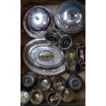 A box containing plated tureens, ice bucket, goblets etc