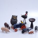 A Nepalese turquoise-set owl, 3.75", composition horses, diecast tractor and wheelbarrow etc