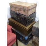 4 various metal trunks and suitcases