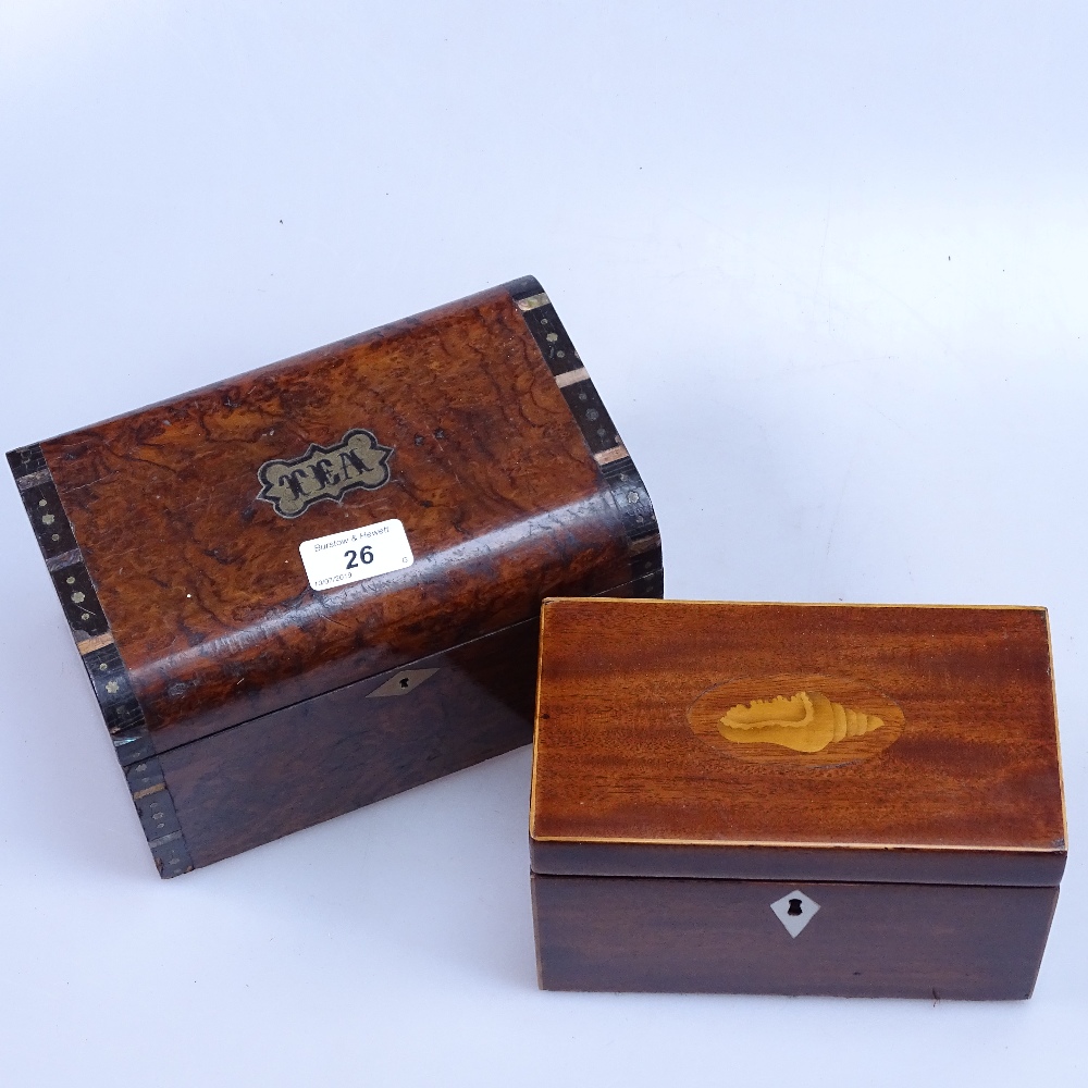 Edwardian mahogany tea caddy with inlaid shell motif, length 7.25", and a larger burrwood tea caddy