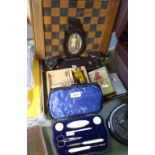 Money boxes, a magnifying glass, an Antique ivory manicure set etc
