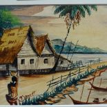 M Sawoot (Pak Sawoot), watercolour, coastal kampung, mid-20th century, 5" x 7", framed