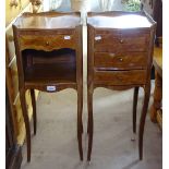 A pair of French kingwood and satinwood strung bedside cupboards, W30cm