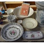 Wash bowl, books, Portmeirion bowl, jelly moulds etc