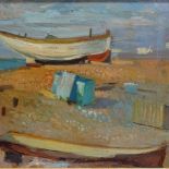 Mid-20th century oil on board, beached fishing boats, indistinctly signed, 12" x 14", framed