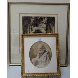 Watercolour, study of an old man, indistinctly signed in pencil, and a 19th century engraving,