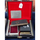 Jewellery box containing costume jewellery, cigarette cases, table lighter etc