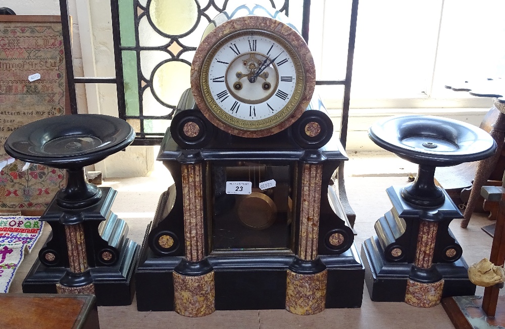 A slate and marble-cased clock garniture, height 18.25"