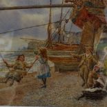 G M Fenton, Victorian watercolour, children playing on the beach, Hastings, framed