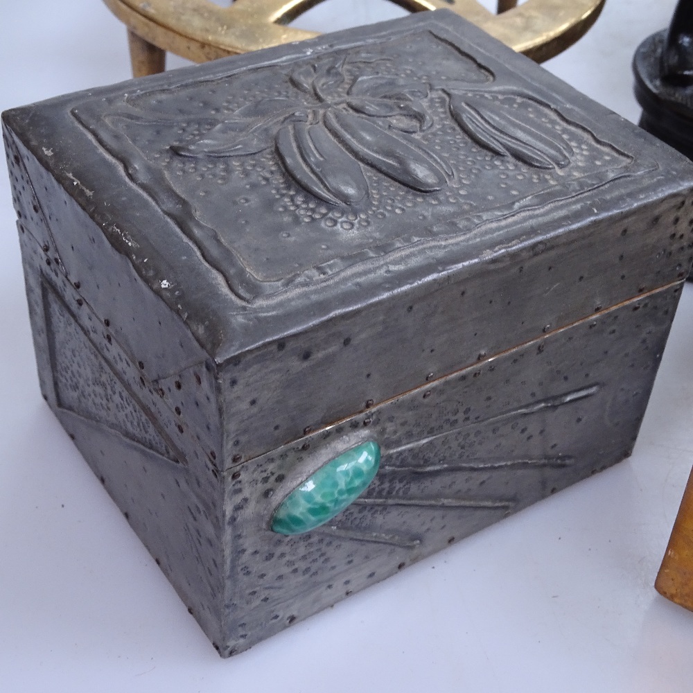 Antique embossed brass casket, Oriental bronze figure, 7", copper stands, and pewter covered stone - Image 2 of 2