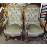 A pair of Victorian button-back upholstered open armchairs, mahogany show-wood