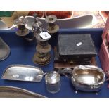 A cased set of 6 silver teaspoons, with 3 other cased sets of cutlery, 3-branch table candelabra,