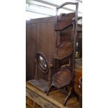 A mahogany 3-fold cake stand, and a mahogany swing toilet mirror