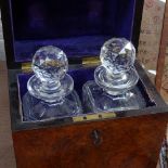 Antique burr-walnut decanter box, and a pair of cut-glass decanters and stoppers, height 10.75"
