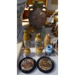 Antique 2-handled terracotta pot, 15.25", stoneware bottles, and 2 Pratt Ware pot lids