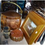 4 framed prints, a copper and brass coal bucket, a mould, and 2 horn beakers