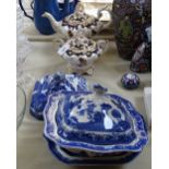 A Victorian Staffordshire porcelain teapot and matching sucrier, and Staffordshire Willow pattern