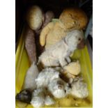A box of Vintage soft toys, including a monkey, a Terrier nightdress case etc