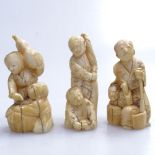 3 Antique carved ivory Oriental figure groups, 2.25"
