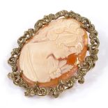 A relief carved cameo shell panel brooch (in 9ct pierced foliate frame), along with a quantity of...