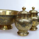 A group of Chinese bronze items, including an engraved fruit bowl, diameter 26cm, and a pair of jars