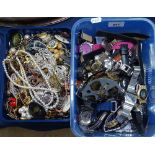 A box of mixed costume jewellery, and a box of miscellaneous wristwatches