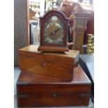 An Elliott mantel clock, an oak box, and a mahogany box with inset brass handle, length 11.75"