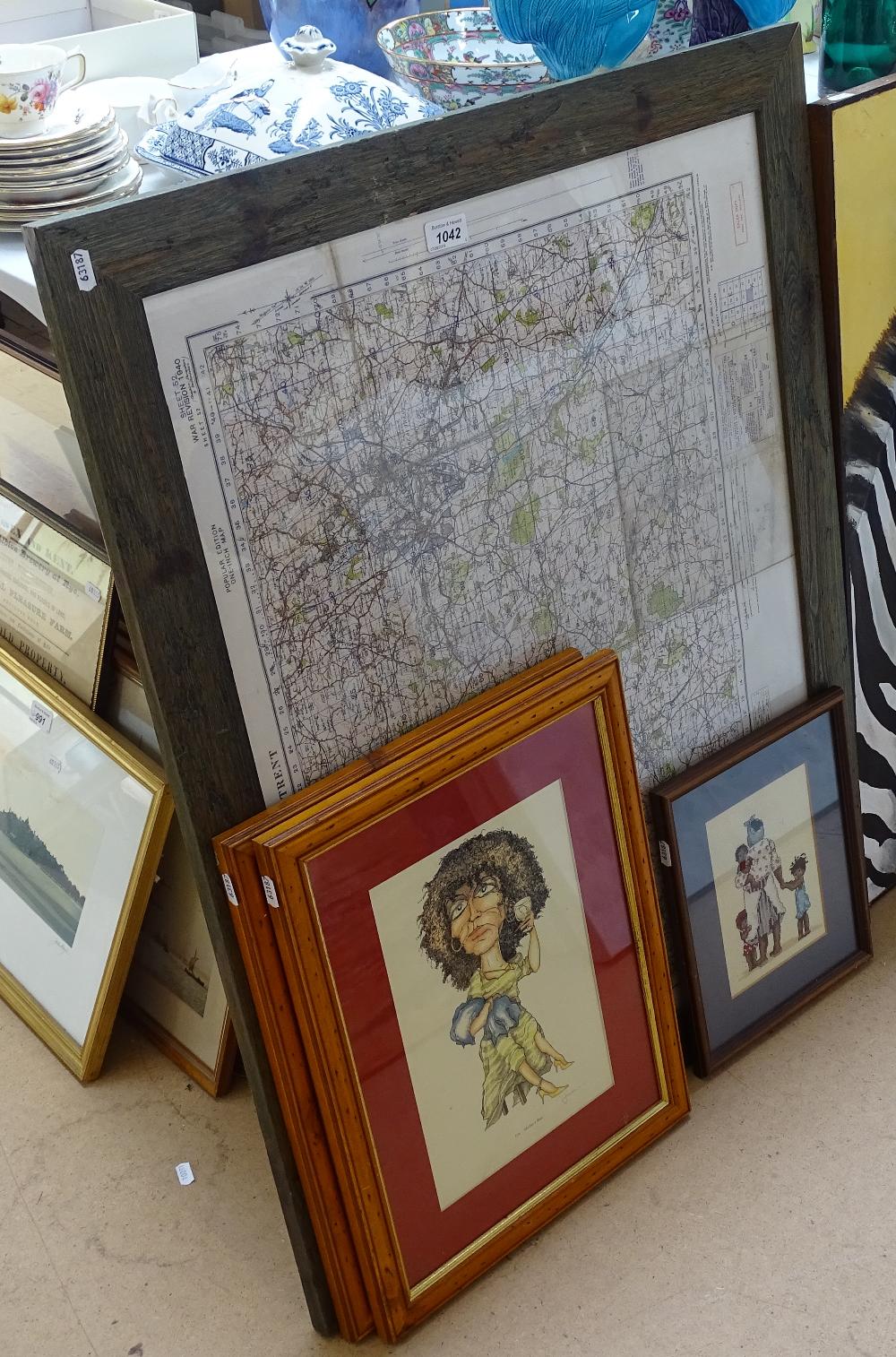 A large coloured map of Stoke-on-Trent, framed, together with 3 other pictures (4)