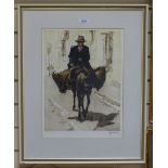 Colour lithograph, man on a donkey, indistinctly signed in pencil, plate size 16.5" x 12.5", framed