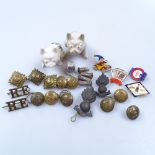 Military badges and buttons, and 2 Crested Ware pugs