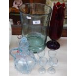 A Vintage decanter and glasses set, a green glass pot, 10.75" etc