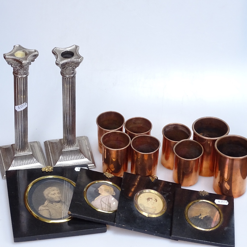 4 19th century ebony-framed miniatures, a pair of silver-plated candlesticks, 10", and copper