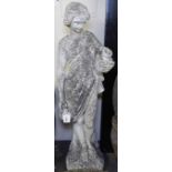 Weathered concrete garden statue, figure of a woman holding an urn, H93cm