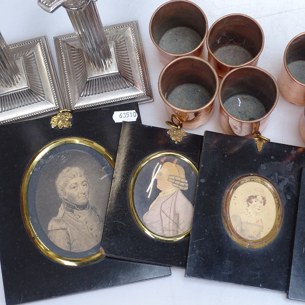 4 19th century ebony-framed miniatures, a pair of silver-plated candlesticks, 10", and copper - Image 2 of 2