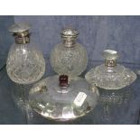 3 cut-glass silver-mounted scent bottles, and a silver powder bowl